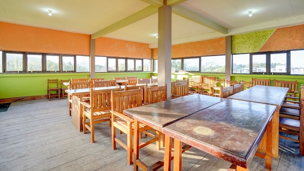 Un espacio interior amplio con varias mesas y sillas de madera, ventanas grandes y una pared verde.