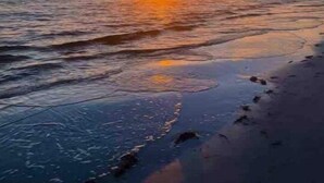 Een strand met een zonsondergang boven de oceaan.