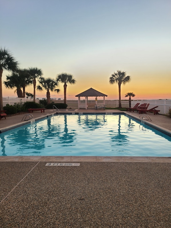 A swimming pool with a gazebo, palm trees, and lounge chairs.