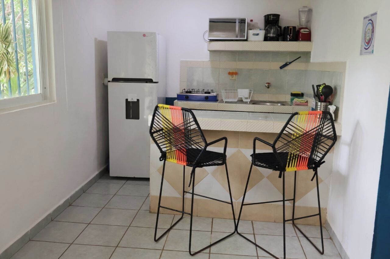 Réfrigérateur, cafetière/bouilloire, grille-pain, blender