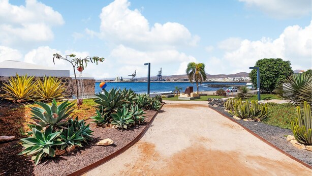 Un sentiero costiero conduce a una spiaggia, con cactus e piante succulente, un cielo sereno e strutture industriali sullo sfondo.