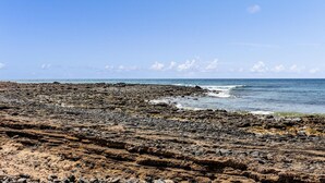 Una spiaggia rocciosa con le onde che si infrangono sulla riva.