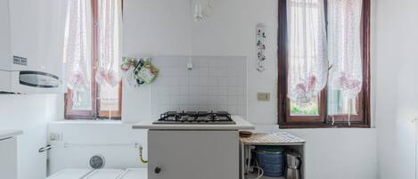 Fridge, microwave, stovetop, cookware/dishes/utensils
