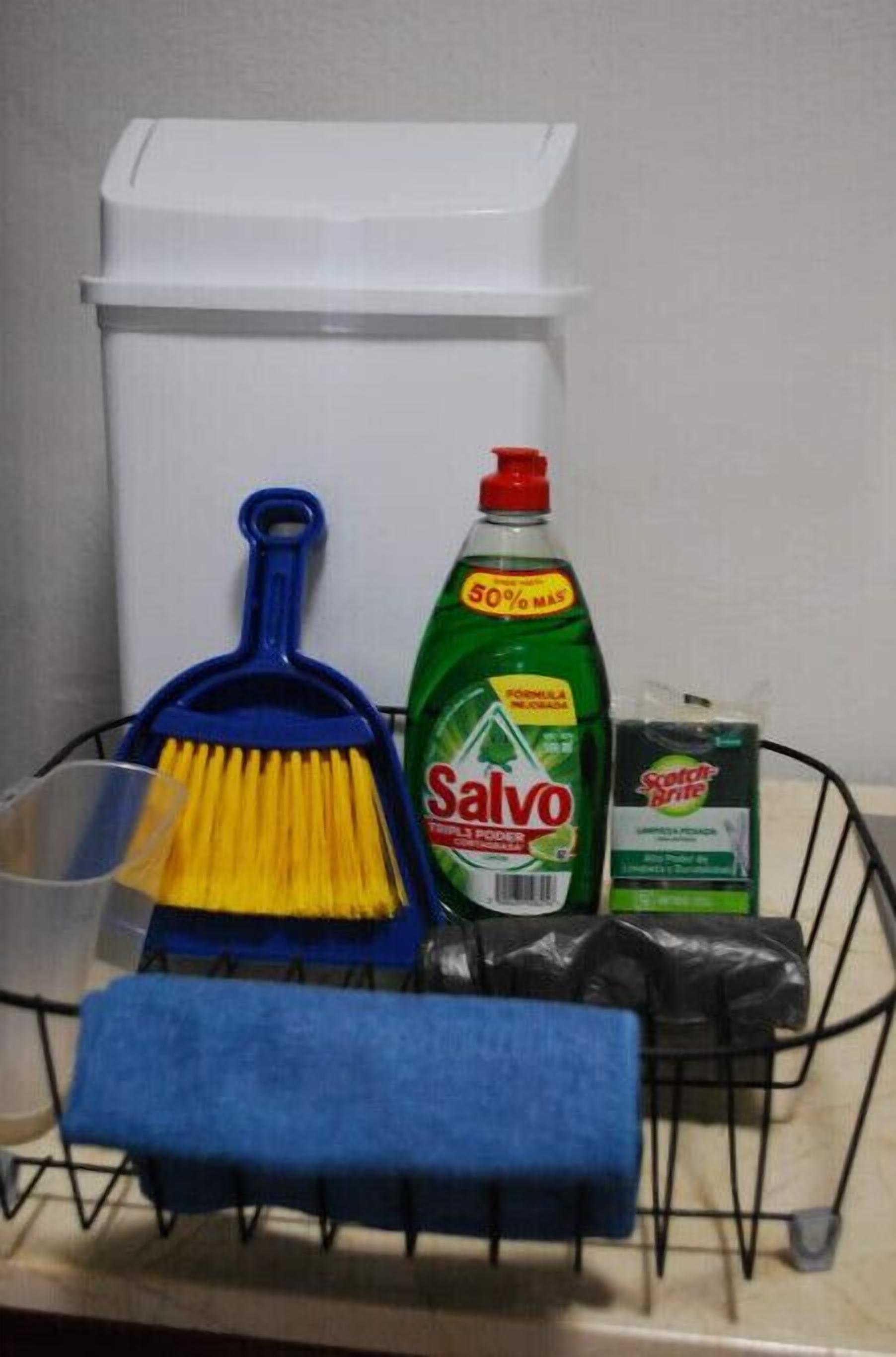A cleaning supplies set including a blue dustpan, yellow brush, a green bottle of 'Salvo' detergent, and a blue cloth.
