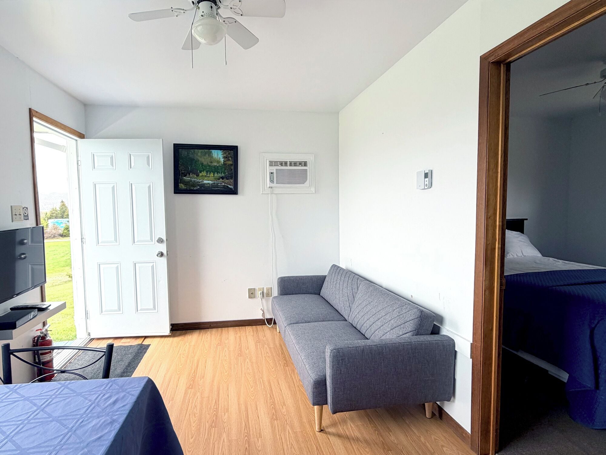 A room with a gray sofa, a bed with a blue cover, a ceiling fan, an air conditioning unit, and a painting on the wall.
