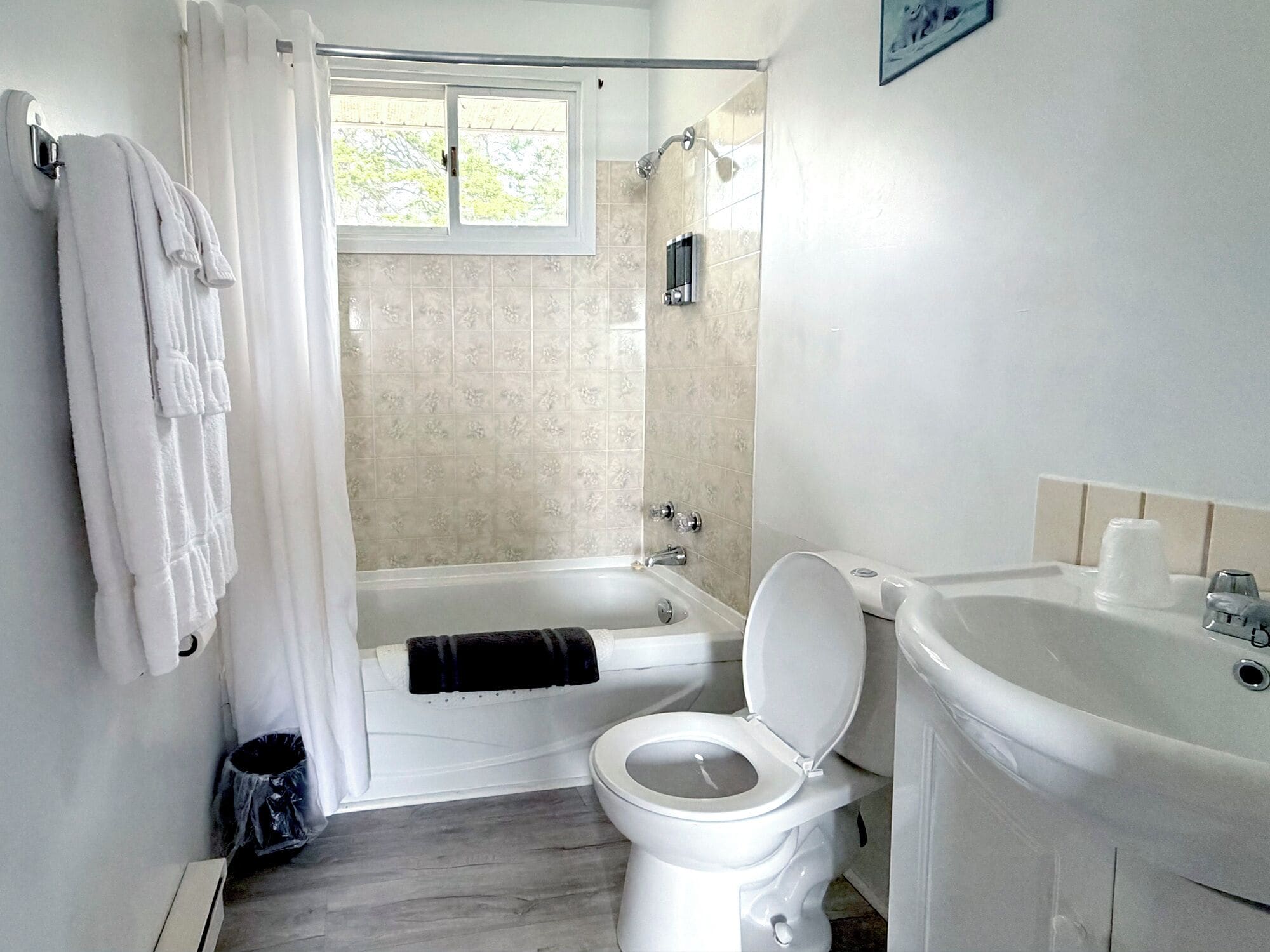 Un baño con bañera, inodoro y lavabo.