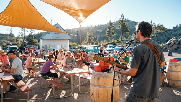 Un musicien se produit en plein air devant un public assis à des tables de pique-nique, à l’abri sous une tonnelle.