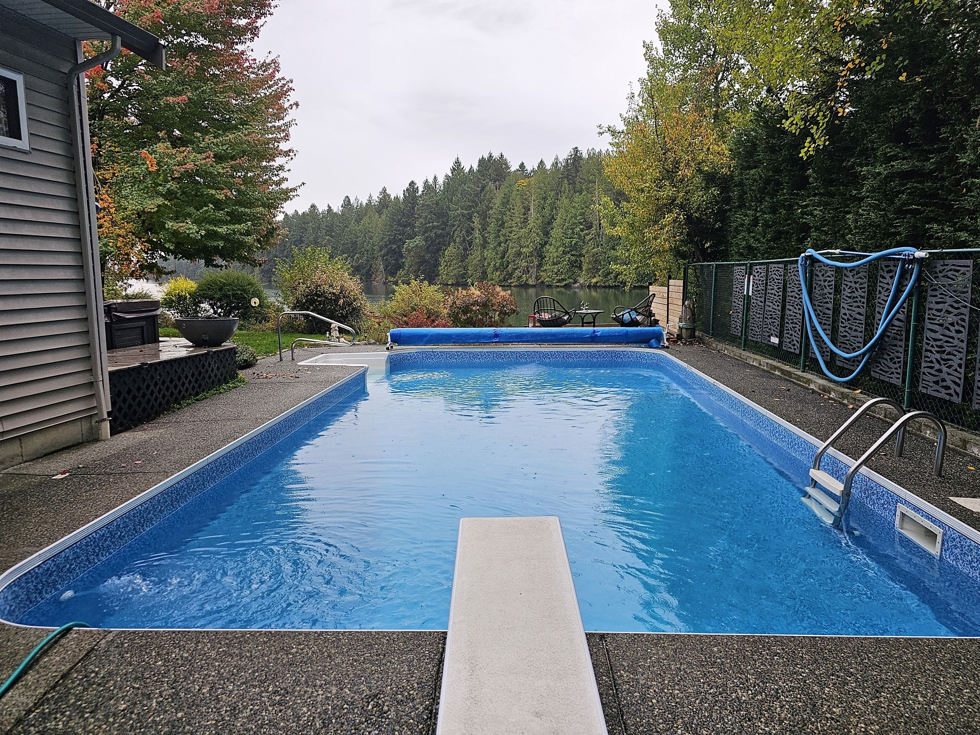 Piscina rectangular con revestimiento azul, rodeada de una valla y árboles.