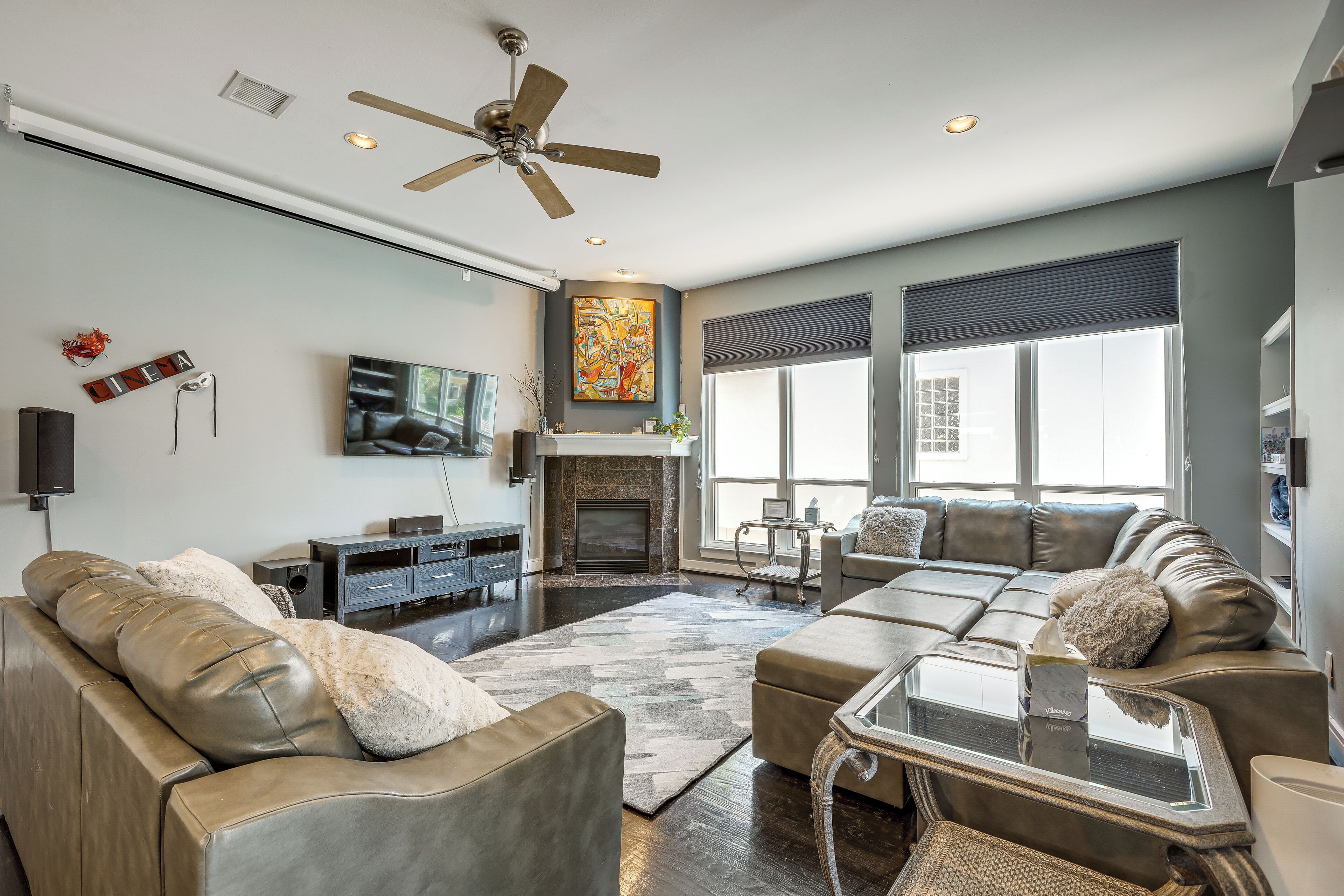 TV, fireplace, books, stereo