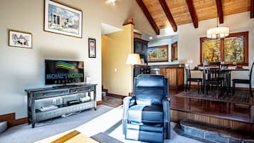 Smart TV, fireplace, books, offices