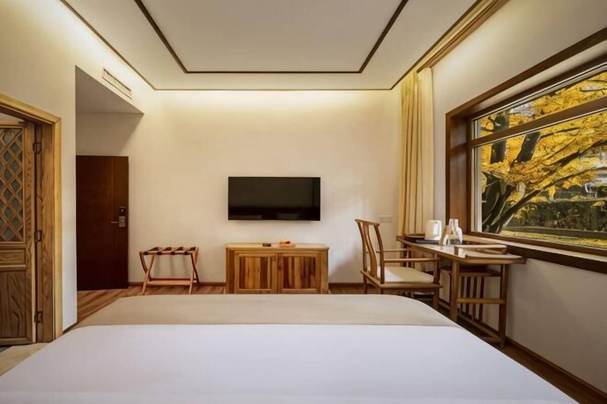A hotel room with a bed, a TV mounted on the wall, a small wooden table, a chair, and a window with a view of trees.