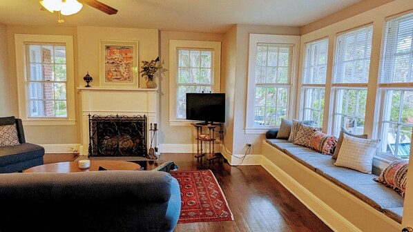 TV, fireplace, books