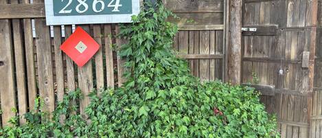 A wooden fence with a house number sign and a red diamond-shaped sign.