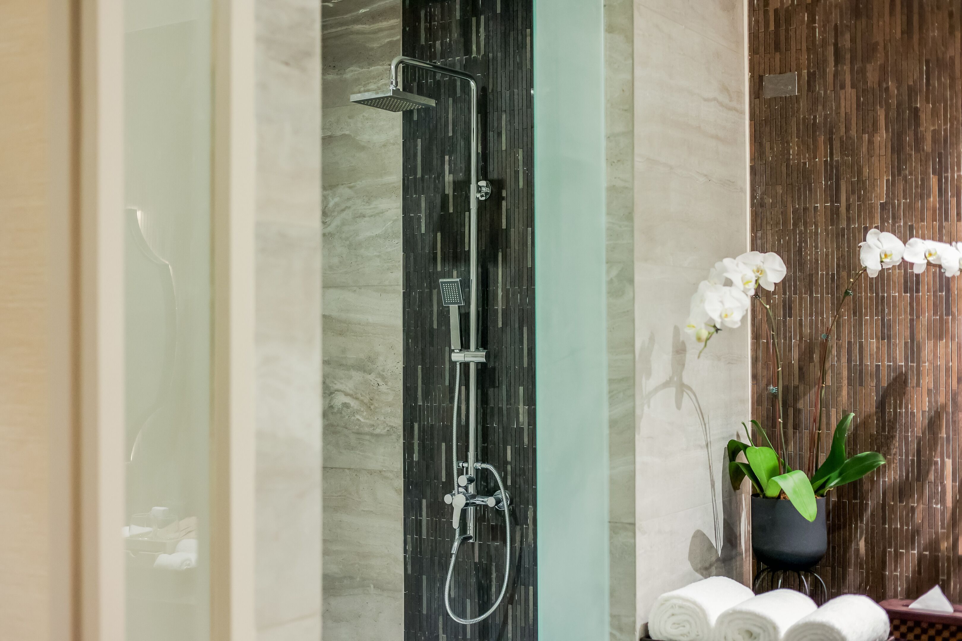 Un baño moderno con cabina de ducha de vidrio, pared de madera y una planta en maceta.