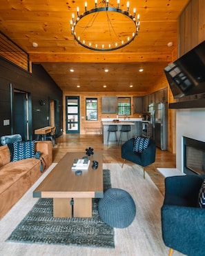 TV, fireplace - New Modern Treehaus w/ Views, Hot tub. 2/2 + loft (Cherry Log)