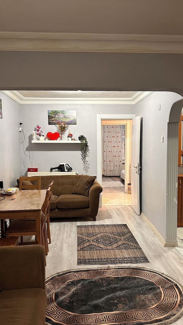 A living room with a brown sofa, a dining table with chairs, a coffee table, a rug, a radiator, and a door leading to another room.