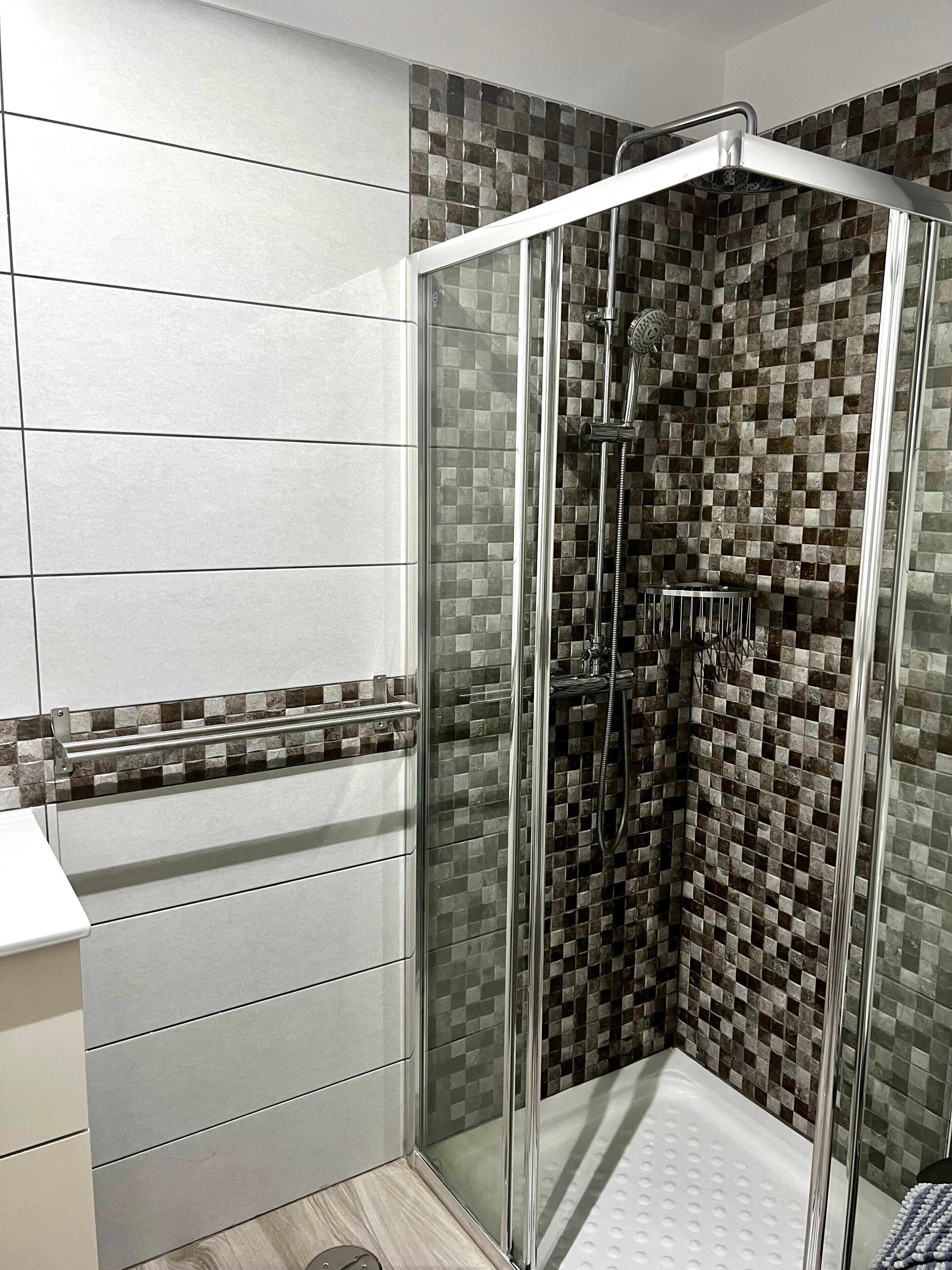 Shower, hair dryer, towels