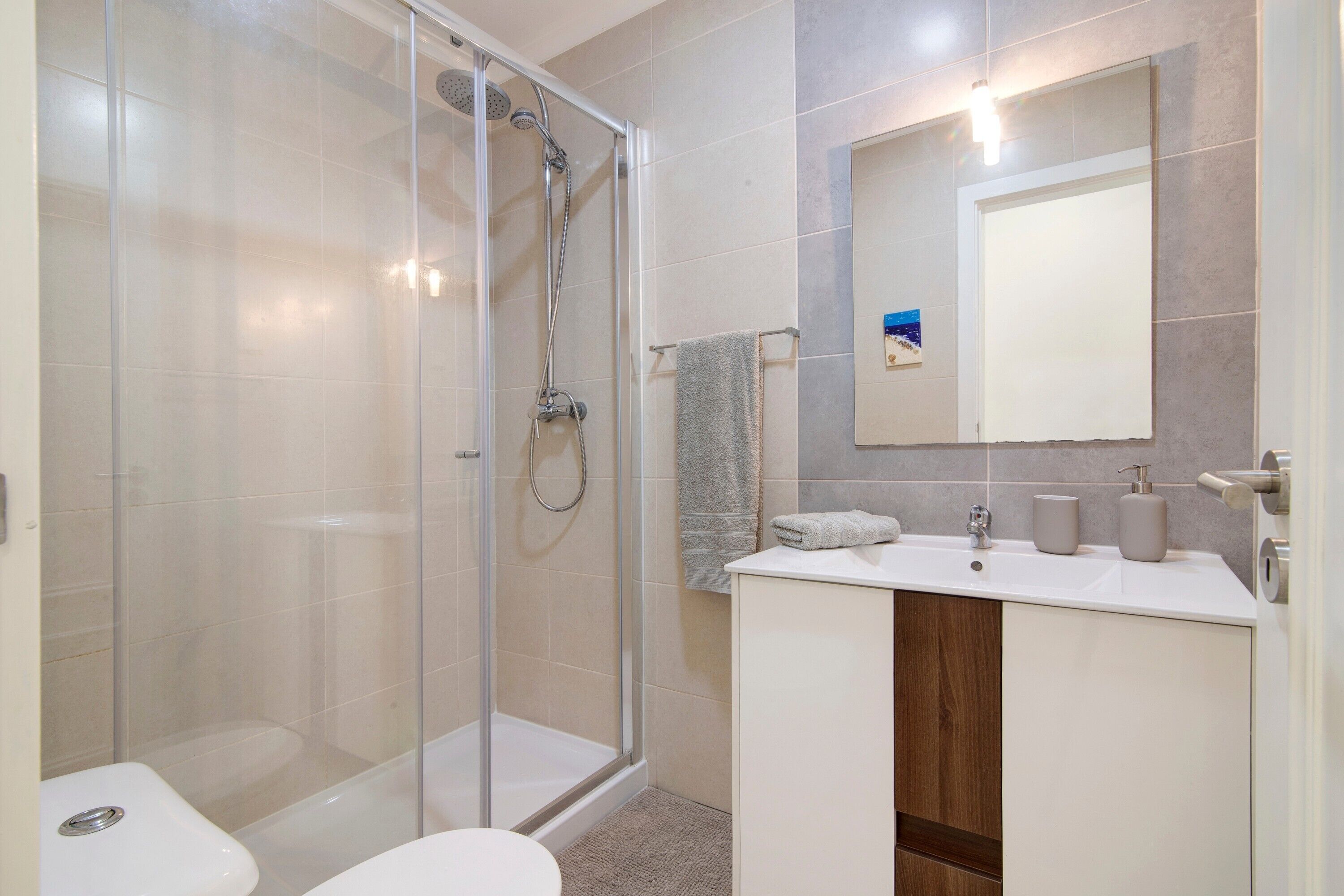 A modern bathroom with a glass-enclosed shower, a white sink, and a mirror above it.