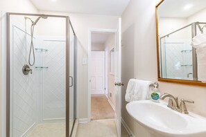 Shower, hair dryer, shampoo