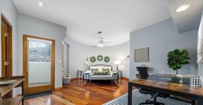 TV, fireplace, books, offices