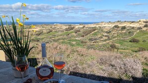 A scenic outdoor dining setup with a view of a coastal landscape, featuring a variety of cheeses, fruits, and a bottle of wine. - Sea Holly Gozo (Nadur)