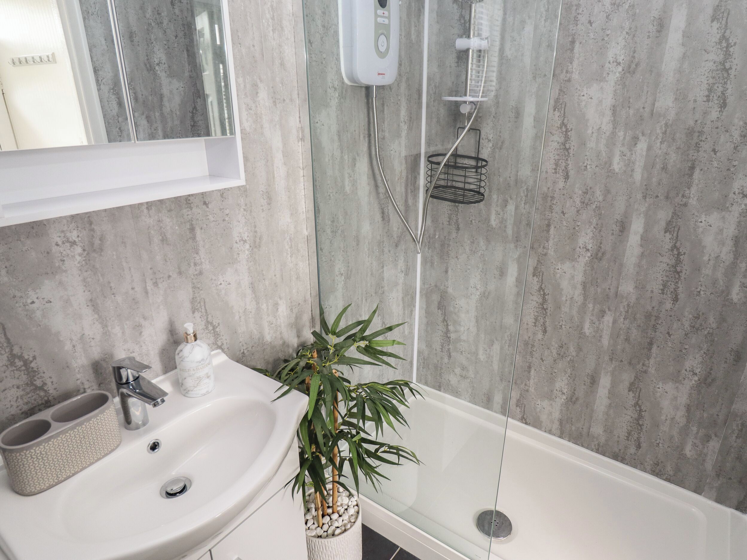 Un bagno con un lavandino bianco, uno specchio, una doccia con soffione manuale e una pianta in vaso.