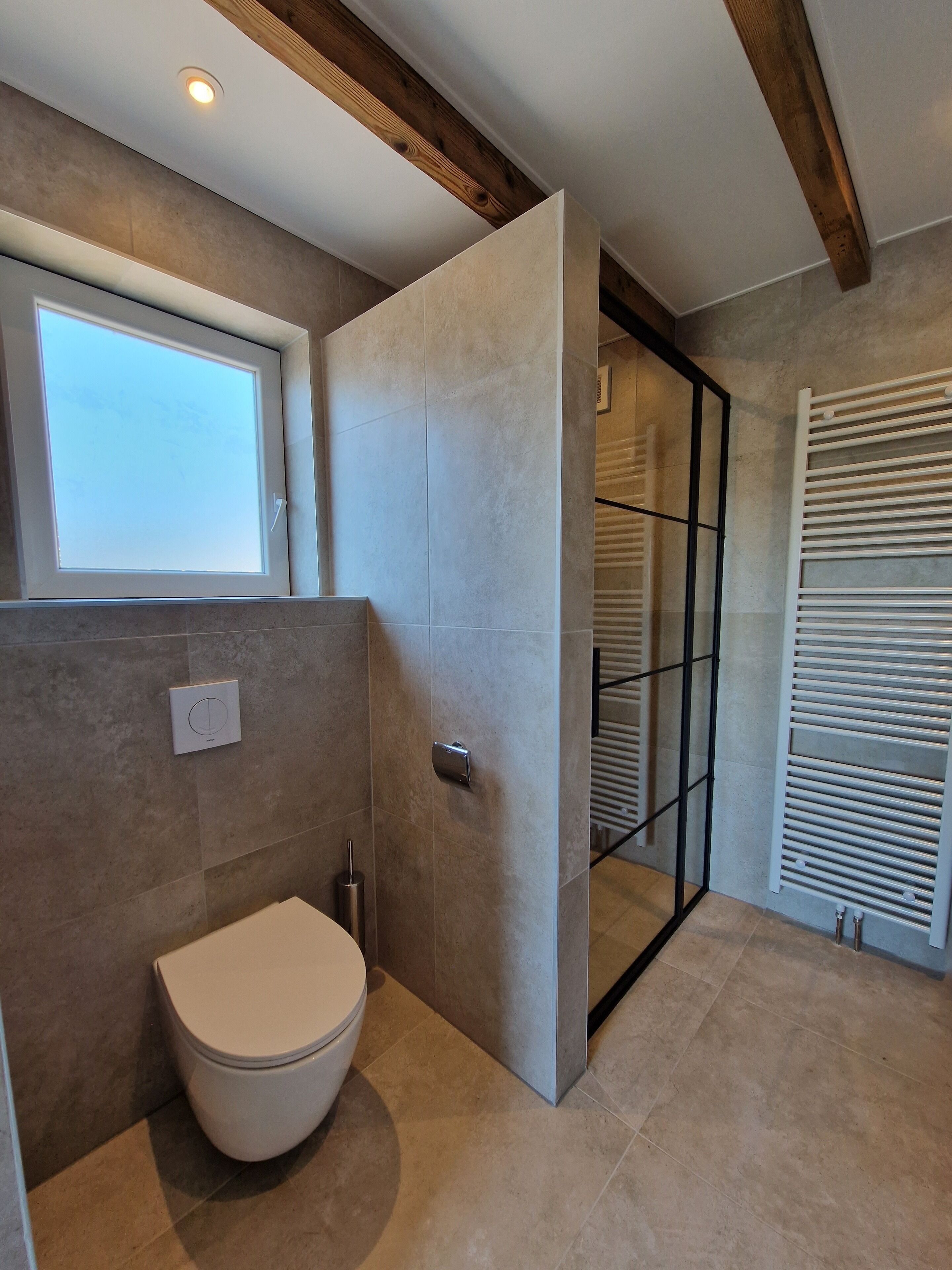 Shower, towels, soap, toilet paper