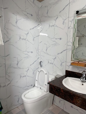 Chambre Triple Premium | Salle de bain | Douche, douche hydromassante, serviettes fournies, savon