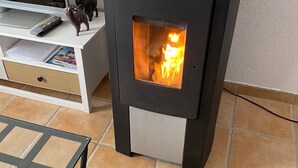 Una estufa de leña moderna con puerta de cristal, un televisor y una pequeña figurita sobre un mueble blanco.