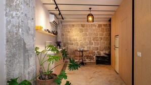 A compact kitchen with a stone wall, wooden cabinets, and a potted plant. - Vintage Eclectic Loft by Sea N' Rent (Tel Aviv)