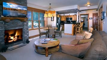 Télévision, cheminée, espaces bureaux