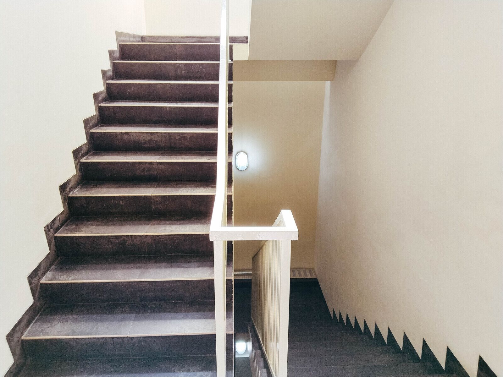A staircase with dark steps and a white handrail.