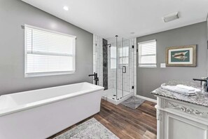 Shower, hair dryer, shampoo