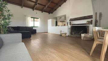 Een televisie en een open haard