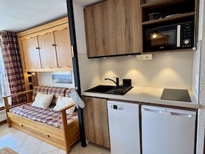 A compact kitchen with a built-in dishwasher, a microwave, and a sink.
