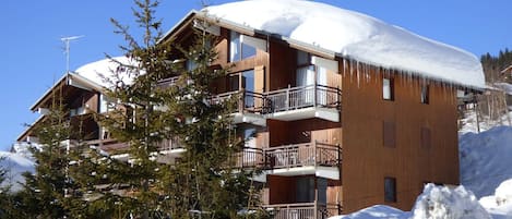 Un edificio de madera de varios pisos con balcones, rodeado de nieve y árboles.