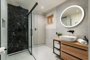 Shower, hair dryer, towels