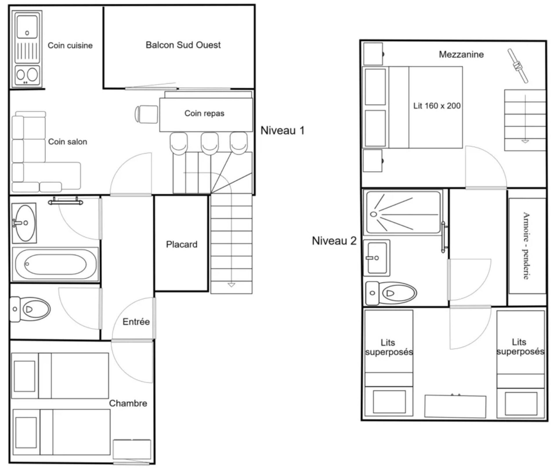 A hotel layout with a coin salon, coin cuisine, and a balcony on the first floor.
