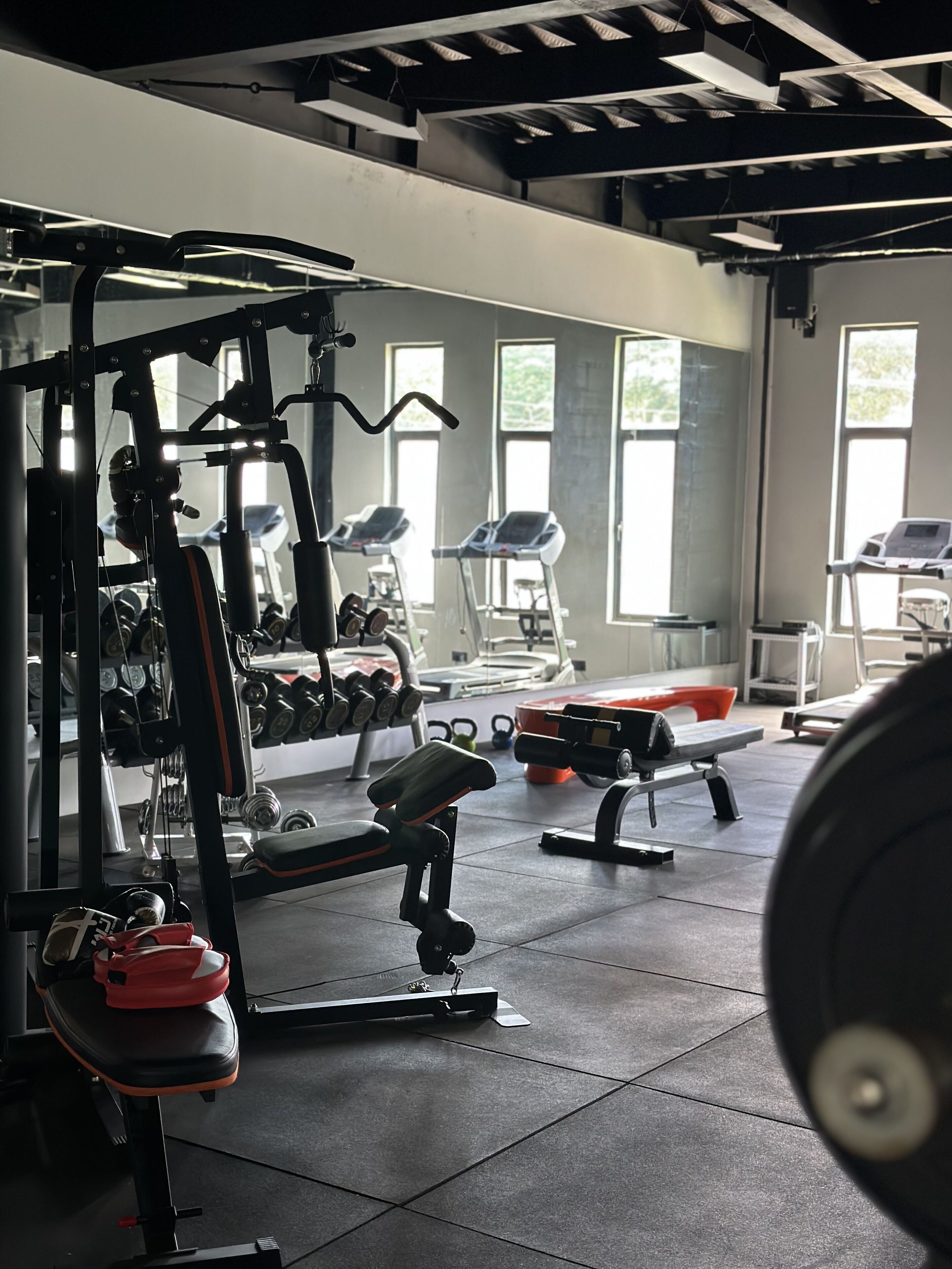 Une salle de sport équipée de machines d’exercice, de tapis de course et de supports pour les poids.