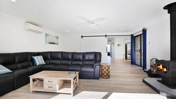 Smart TV, fireplace, books, stereo