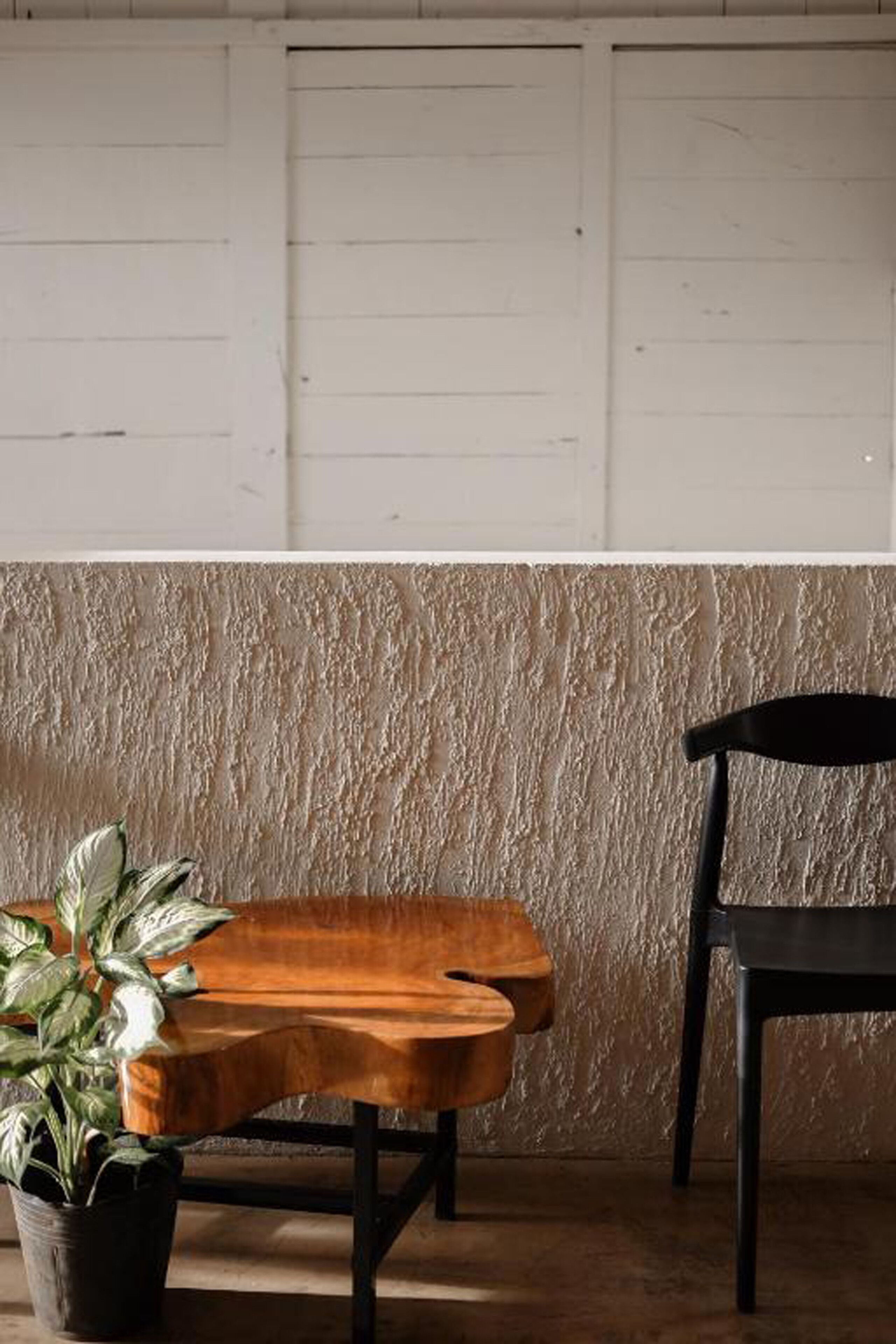 Une table en bois rustique, avec une plante en pot à côté, une chaise noire et un mur à la texture intéressante.