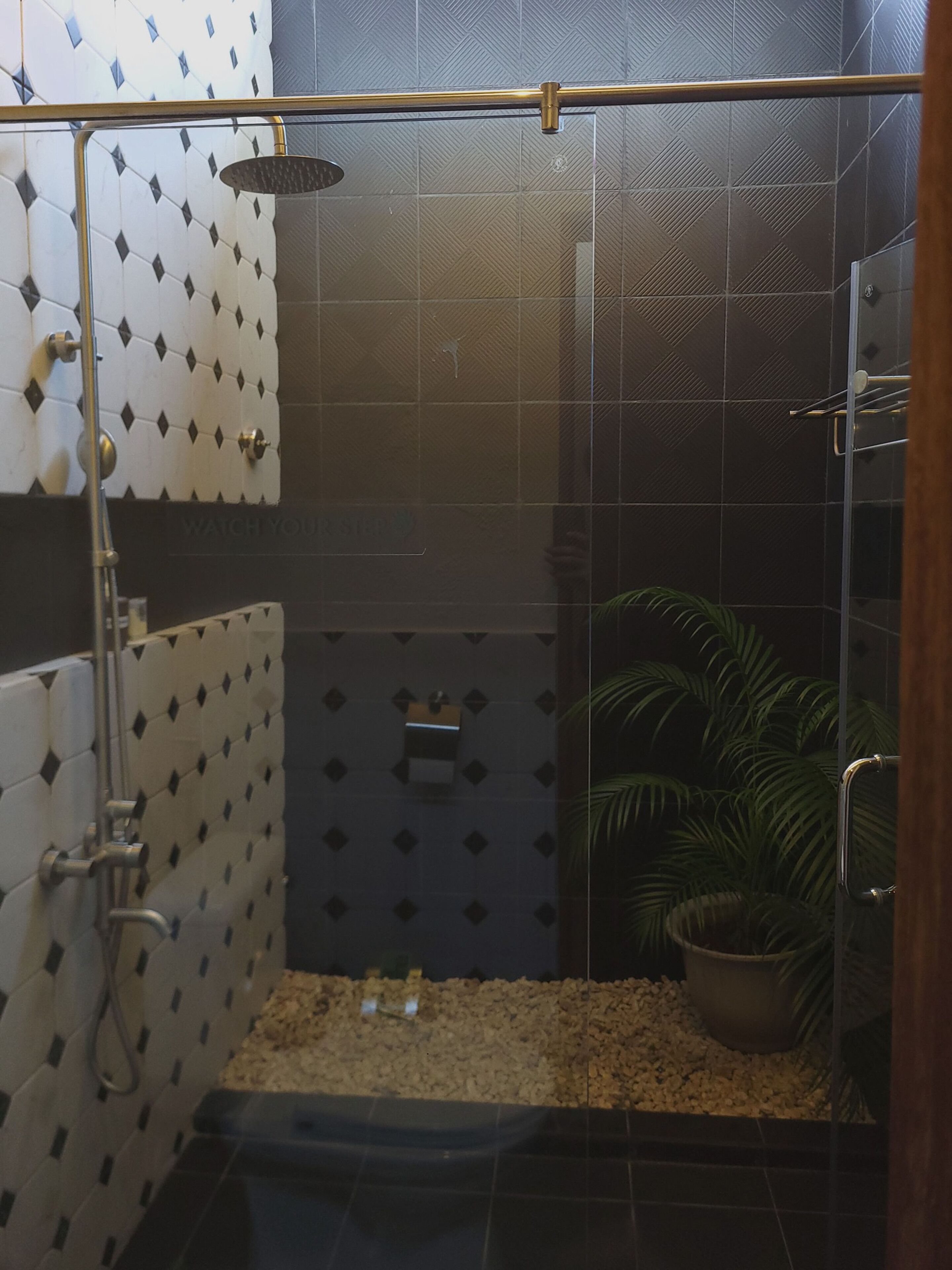 Shower, free toiletries, towels, soap