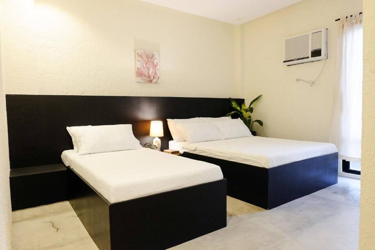 Habitación de hotel con dos camas individuales, una mesita de noche con lámpara, aire acondicionado de pared y una planta en maceta.