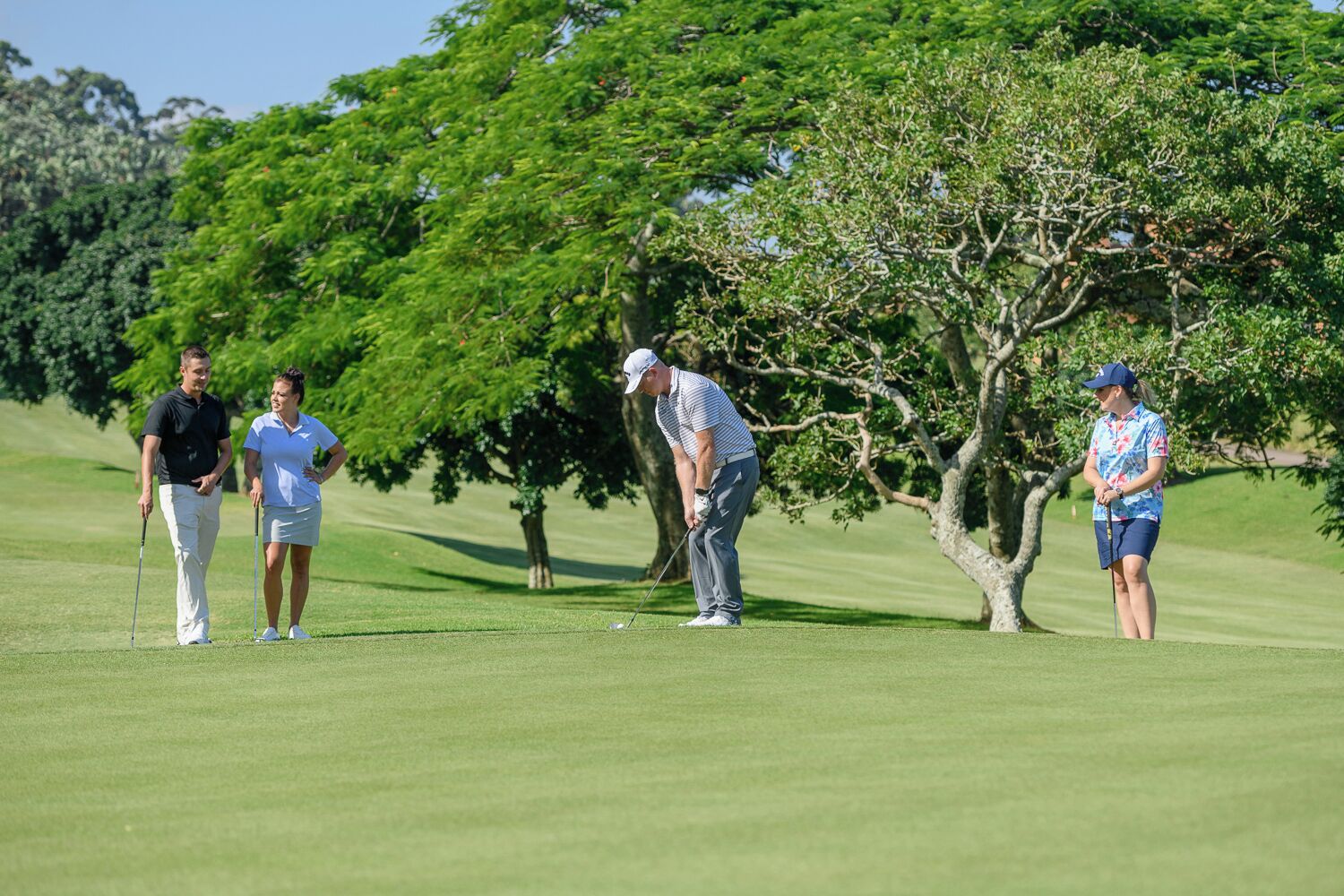 Un terrain de golf avec des joueurs et des arbres en arrière-plan.