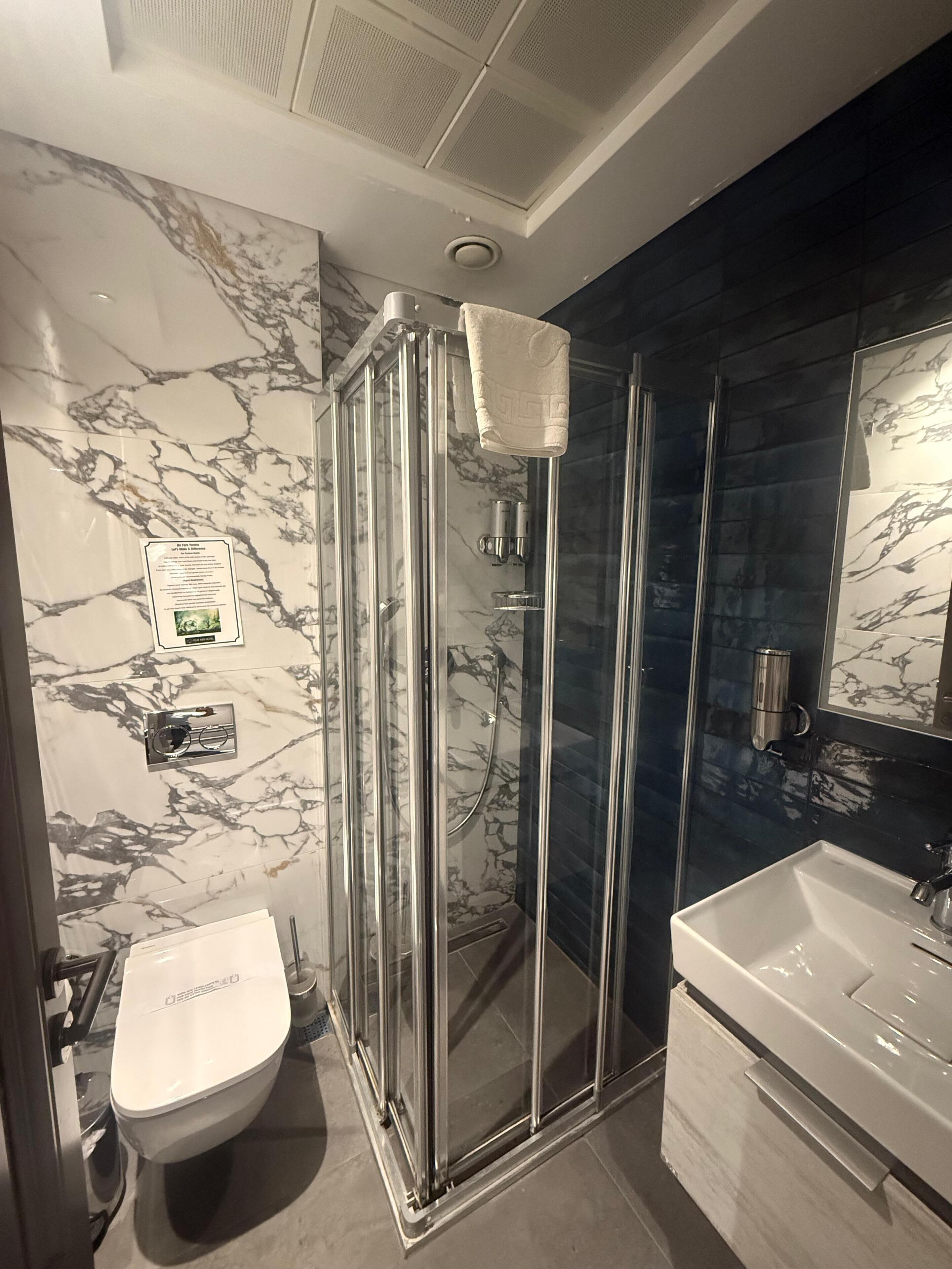 A modern bathroom with a glass-enclosed shower, a white toilet, and a large bathtub.