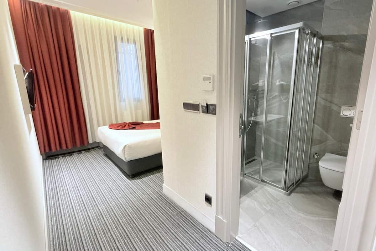A hotel room with a bed, a shower, and a toilet.