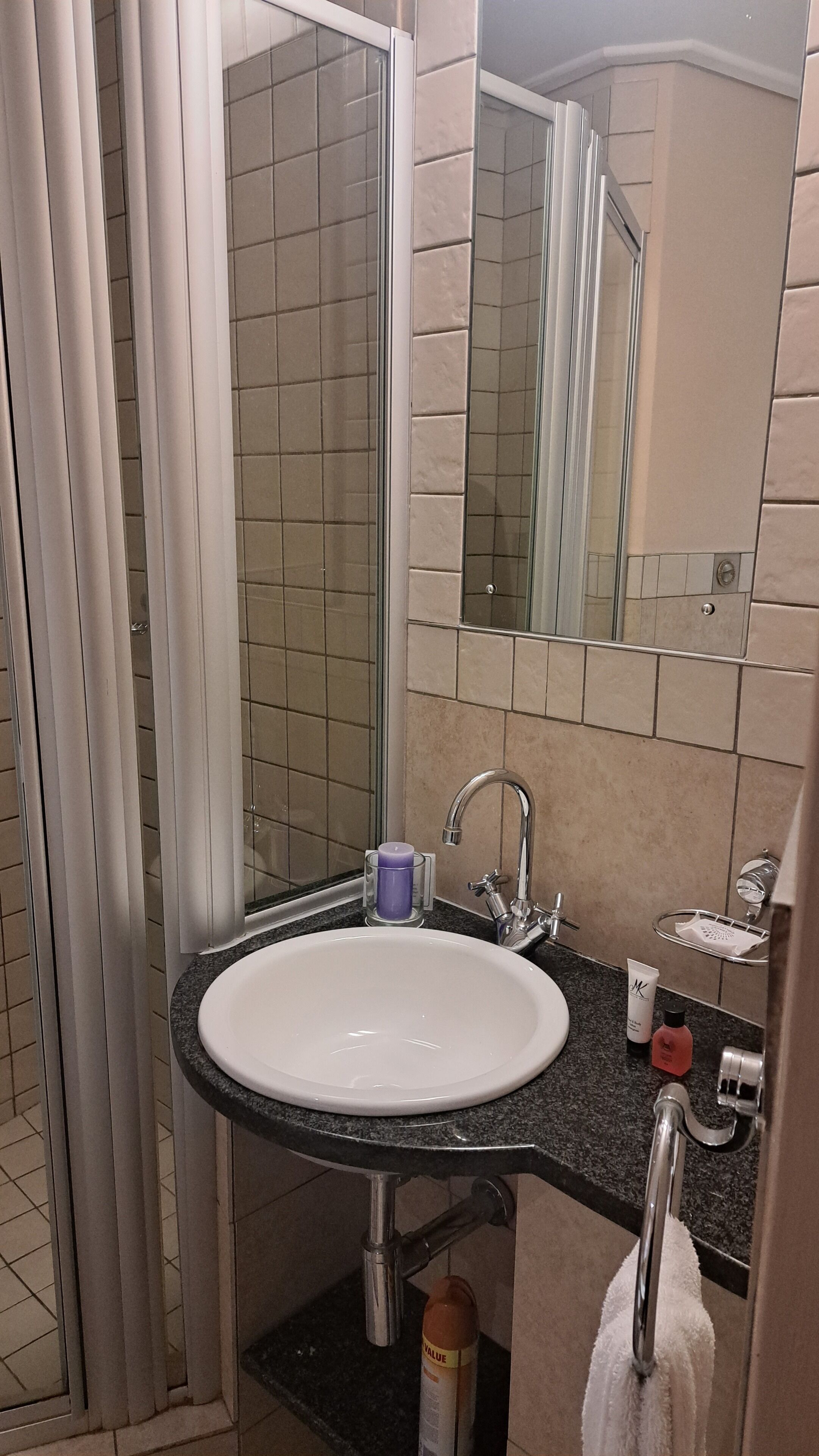 Hair dryer, towels, soap, toilet paper
