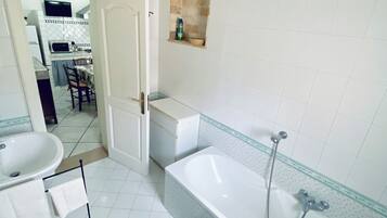 Hair dryer, towels, soap, toilet paper