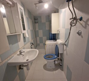 A bathroom with a sink, toilet, and shower.