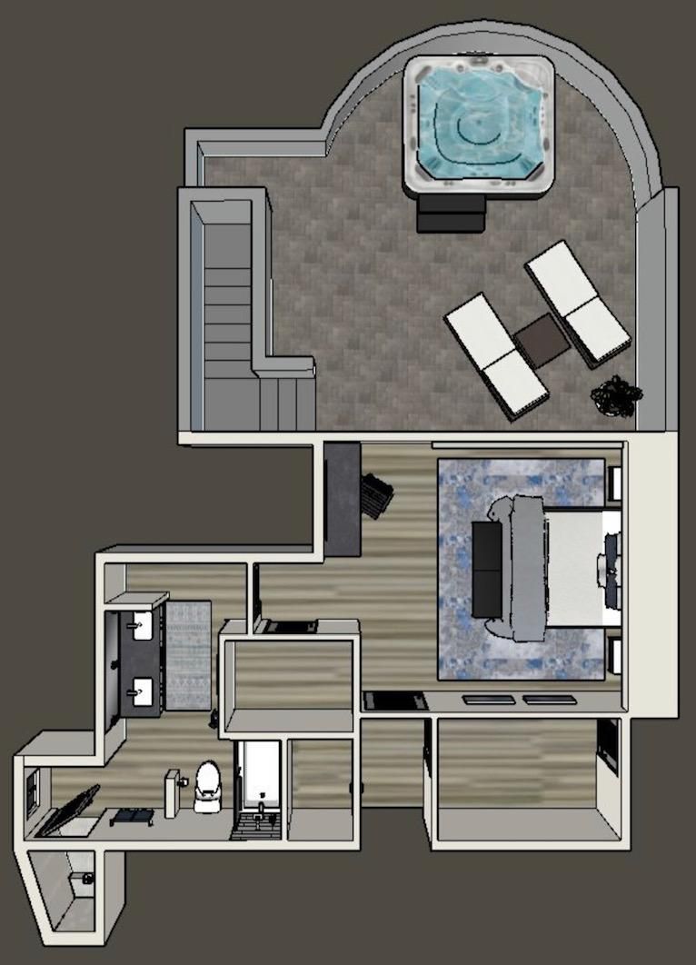 Plano de planta de una habitación de hotel con baño, una pequeña cocina, una sala de estar con sofá y televisor, y un jacuzzi.